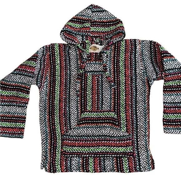 Earth Ragz Sweaters - Earth Ragz Baja Mexican Blanket Pullover Poncho Hooded Sweater - Size Small